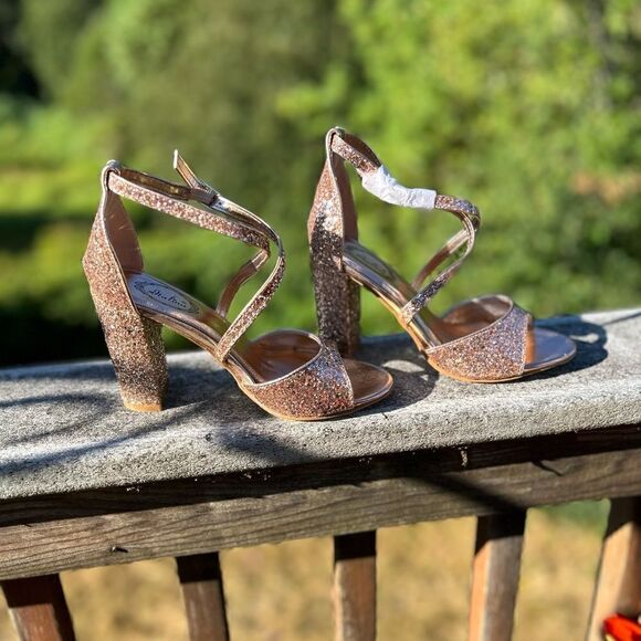 Italina Rose Gold Glitter Strappy Block Sandals - Picture 6 of 9